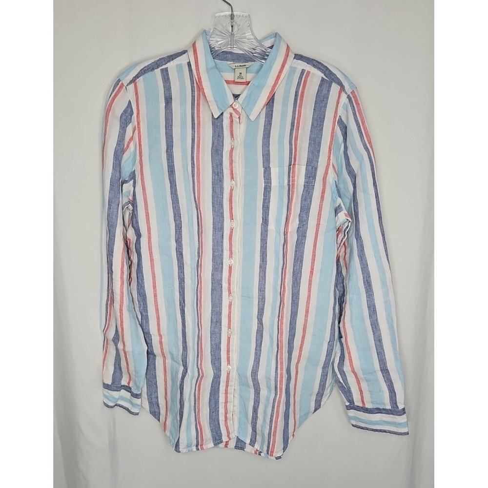 LL Bean Womens Multicolor Striped Button Up Linen Shirt Size Medium